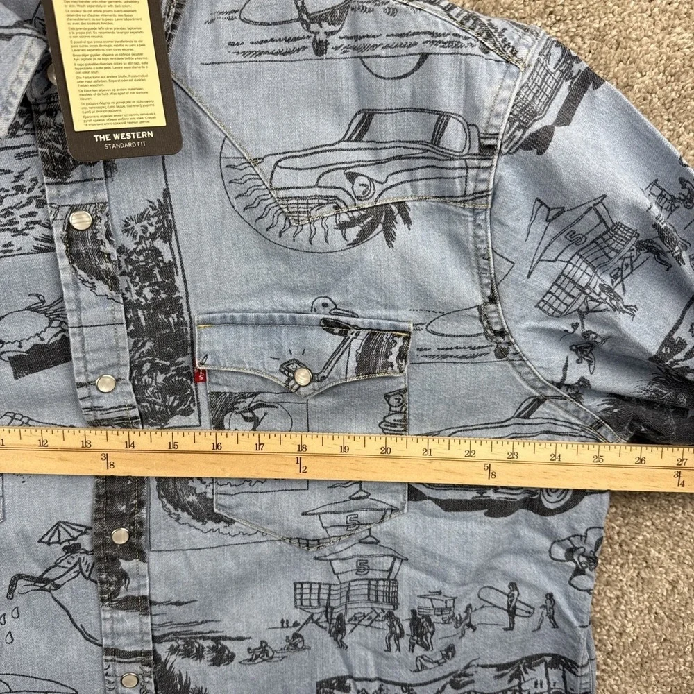 Levis The Western Standard Fit Mens XL Light Blue Beach Surf Snap Shirt NEW